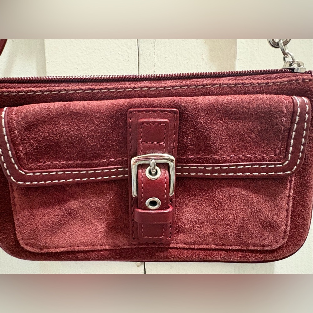 Coach Red/Burgundy Suede Leather Wristlet Bag - Picture 7 of 14
